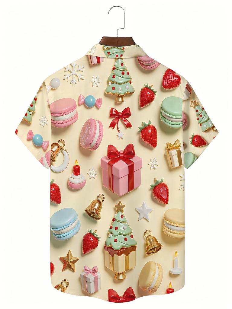 1pc Men'S Summer Short Sleeve Button-Up Shirt, Men'S Short Sleeve Lapel Button-Up Shirt, Christmas Macaron Dessert Print Casual Top, Breathable