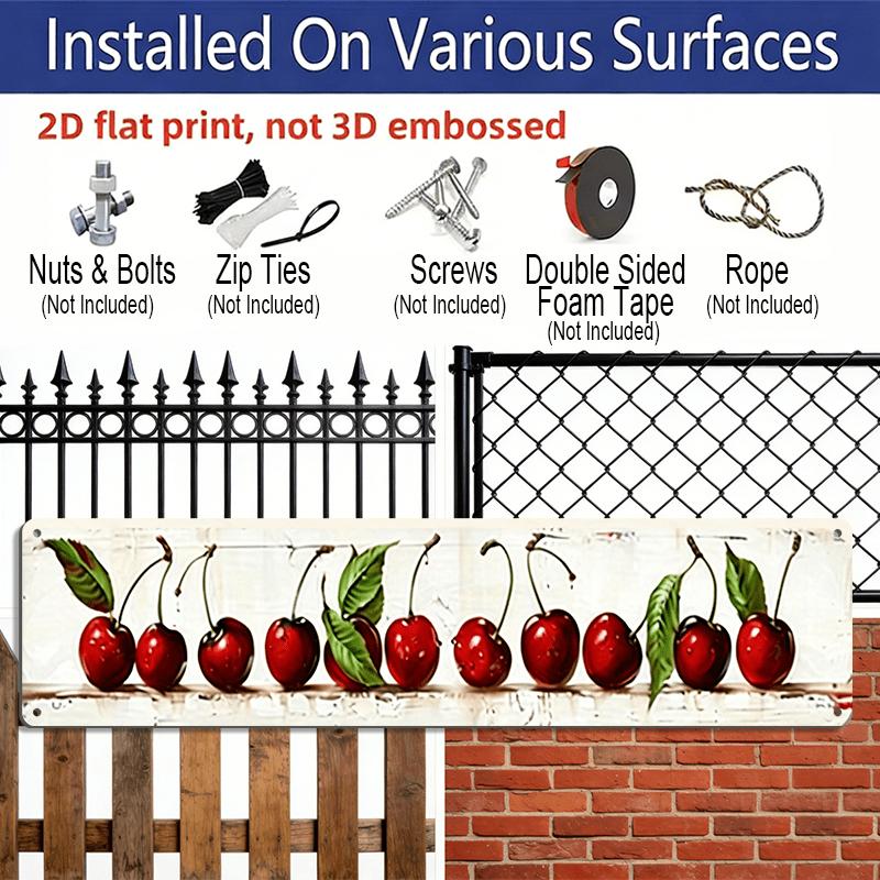 Vintage 2D Flat Wall Decoration - Red Cherries and Green Leaves in Metal - Durable Aluminum Sign for Kitchen, Café, or Dining Room - Rustic Farmhouse