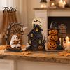 Cute Pumpkin Witch Hat 3Pcs Halloween Wooden Decorations, Fall Tabletop Ornaments with Ghost Black Cat Room Accessories Elements, Retro Wood Figurines