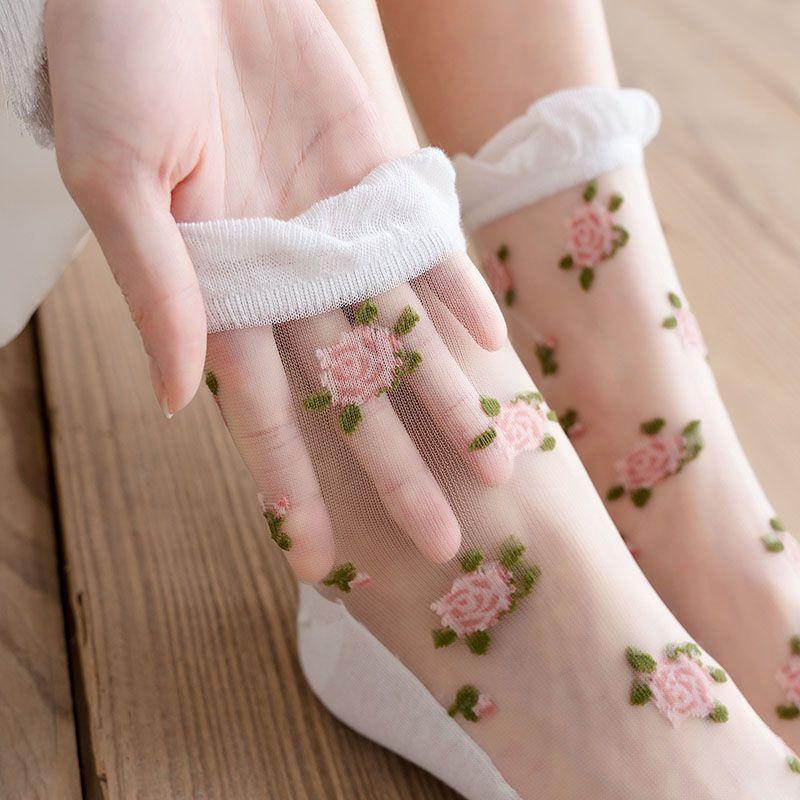 3 Pairs of Summer Socks for Women Thin Rose Style Sexy Black Stockings JK Lolita Lace Socks