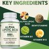 Capsule ad alto contenuto di acido alfa-lipoico, contenenti vitamina B1 e vitamina B12, 600 mg per porzione, adatte agli adulti.