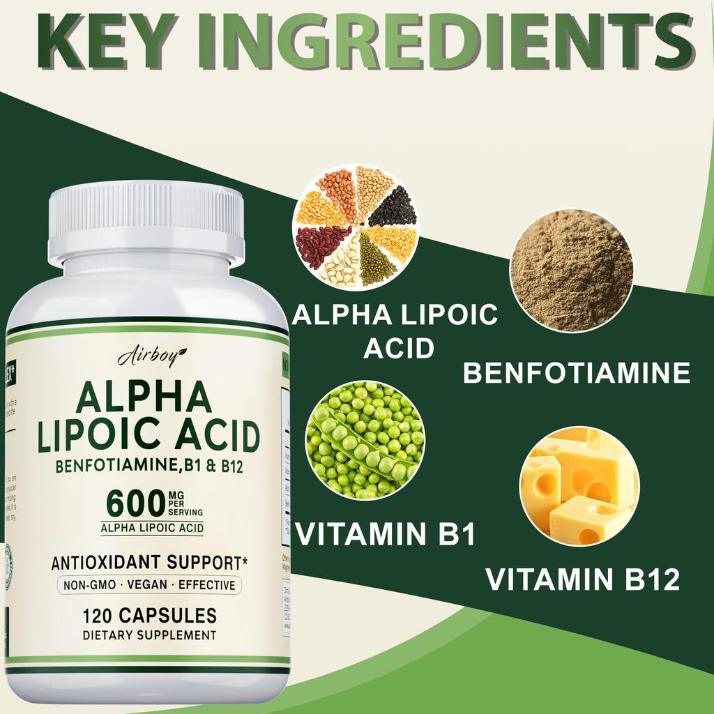 Capsule ad alto contenuto di acido alfa-lipoico, contenenti vitamina B1 e vitamina B12, 600 mg per porzione, adatte agli adulti.