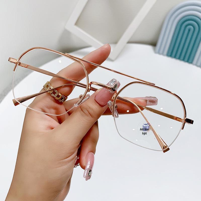 Men s Retro Thin Wire Anti-Blue Light Glasses - Half-Frame Double Bridge Style -3.00 Myopia
