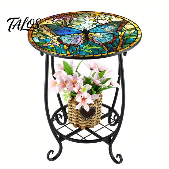 Mesa Lateral Externa Talos, Redonda Pequena Mosaico Pássaro Borboleta Acento de Pátio, Mesa de Apoio para Plantas Café Chá Interna para Quintal Varanda Jardim Sala de Estar, Quarto