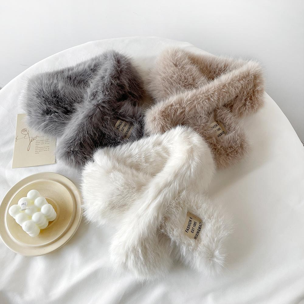 Winter plush scarf scarf women's versatile solid color imitation Rex rabbit hair scarf cross plush warm scarf