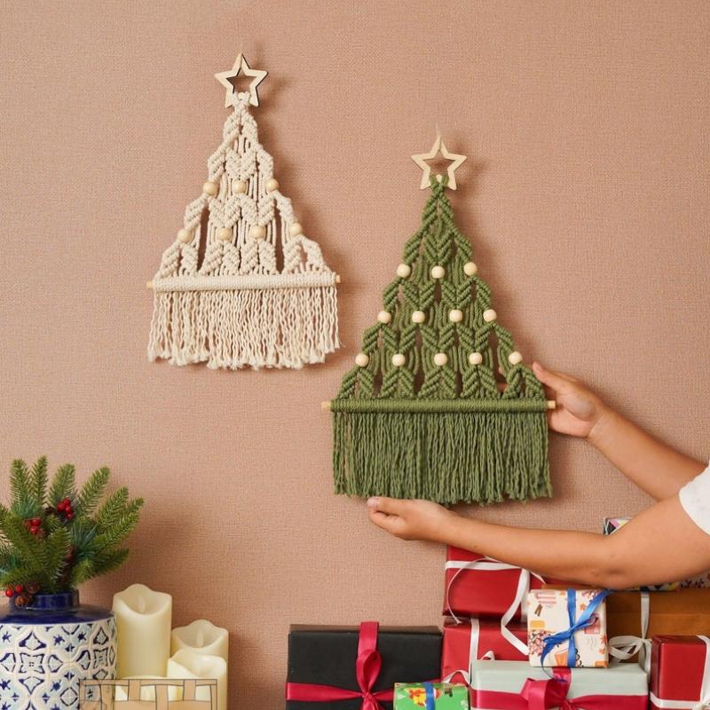 ZDQ Aesthetic Woven Christmas Tree Macrame Tapestry Wall Hanging Pendant with Decorative Tassel Cotton Rope for Apartment Decor