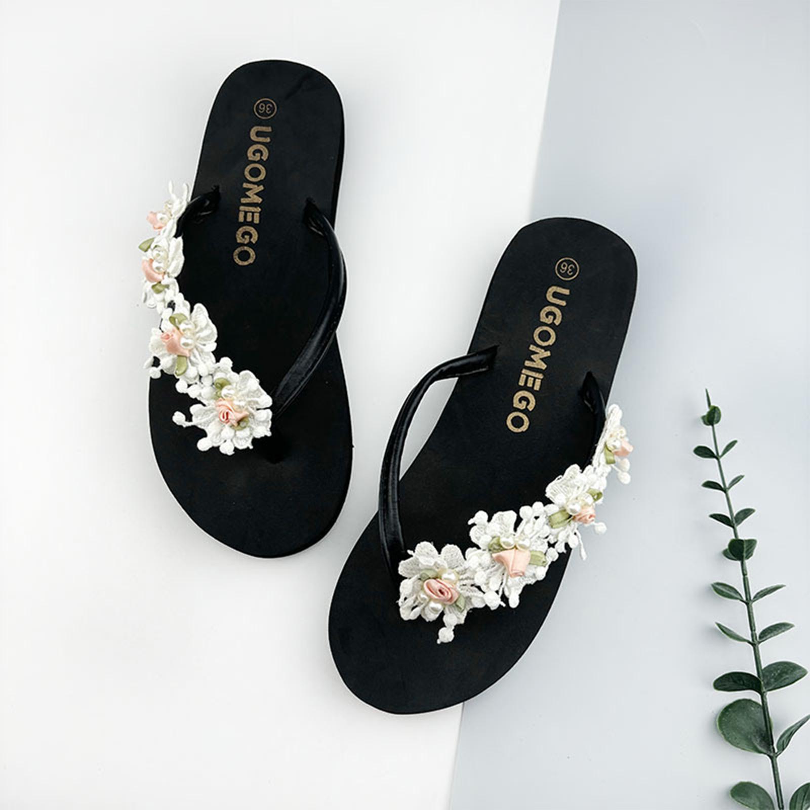 Summer women s lace flower pearl flat heel non slippers 39 чёрный