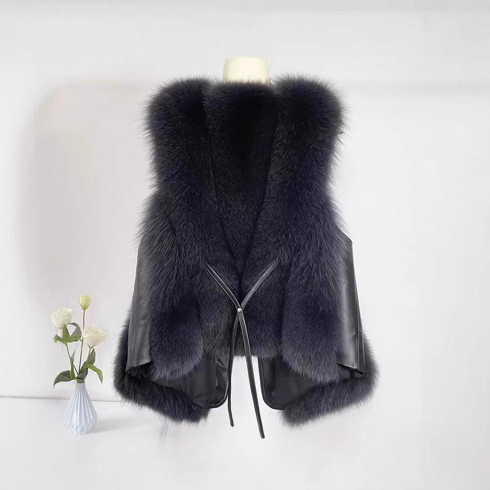 Leather Vest Women's Short Autumn and Winter Imitation Fox Hair Plus Cotton High-end Splicing Vest Jacket Women's Fox Hair New