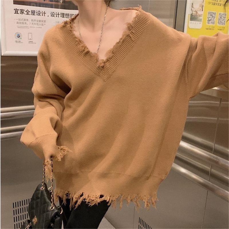 

Женский вязаный свитер с бахромой и отверстиями в корейском стиле осень-зима с V-образным вырезом, однотонный дизайн, свободный повседневный уличный топ