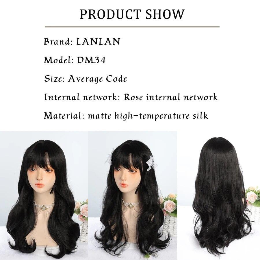 Synthetic Natural Black Wigs Long Wavy Wig for Women with Bangs Halloween Party Daily Heat Resistant Fibre Hair Wigs