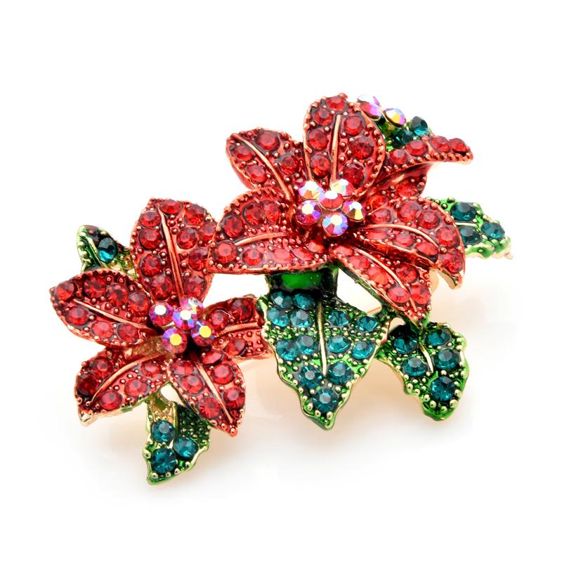 Red Rhinestone Flower Brooches Women Alloy Beautiful Flower Brooch Pins New Year Gifts