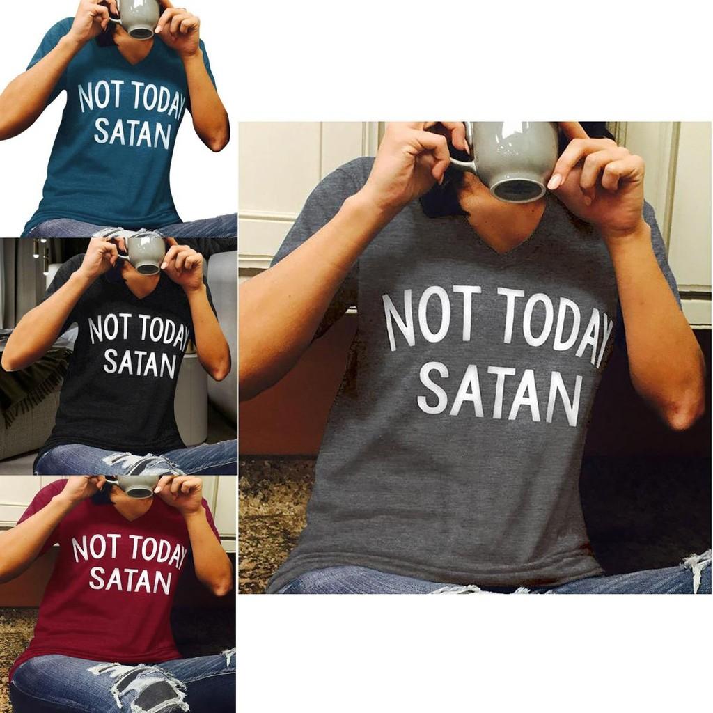 Stylowy Damski T-shirt 'Nie Dziś Szatanie' Wygodny Codzienny Top z Krótkim Rękawem i Dekoltem V