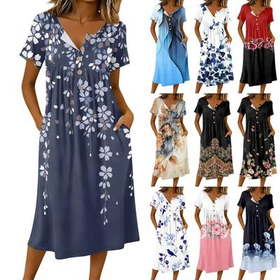 Vestido Casual de Mujer Moderno Retro Estampado Cuello Redondo Manga Corta Botones Longitud Media