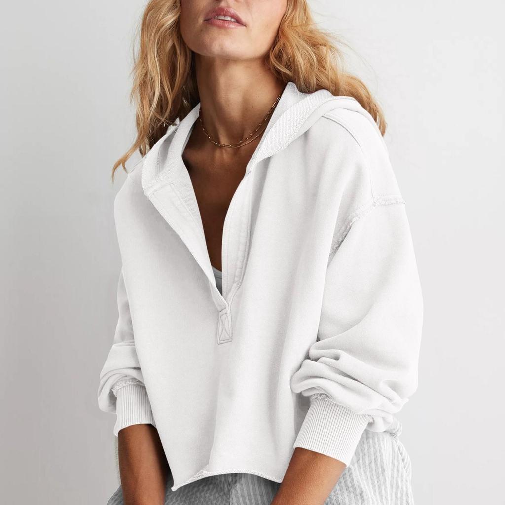 Damska Modna Jednolita Kolorystyka Dekolt V Długi Rękaw Luźny Pulower z Kapturem Krótka Bluza
