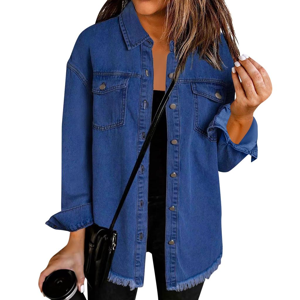 Women's Fashion Denim Shirt Jacket Milled Hem Button Casual Long Sleeve Jacket