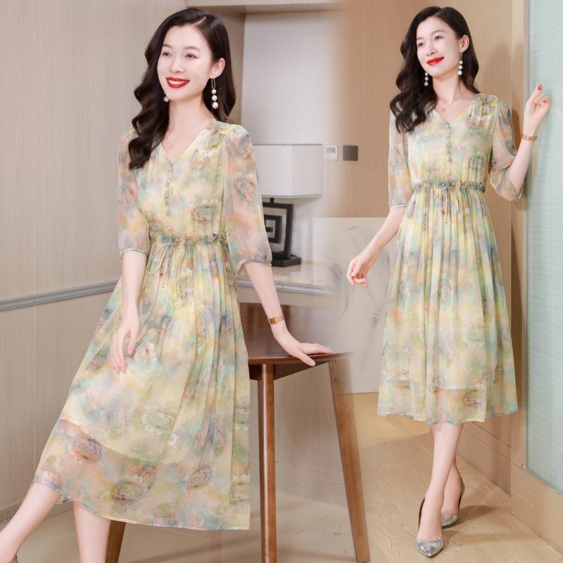 Silk print silk dress summer new adjustment waist seaside vacation silk dress
