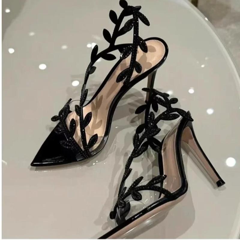 Ladies Black Leaf Embellished Leather Sandals Pointed Toe Thin Heel Elegant Beautiful Buckle High Heels Shoes for Women