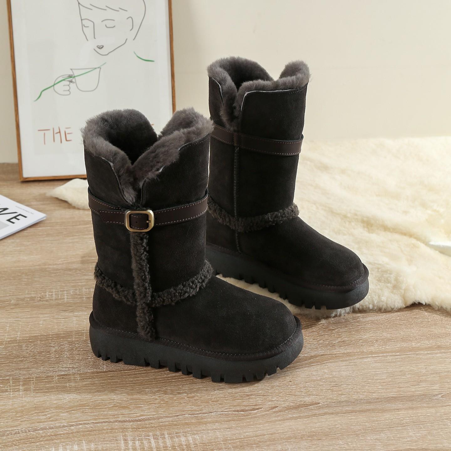 

Leather thick-soled snow boots for women s winter new velvet thickened tall non-slip full wool warm cotton boots for women 40