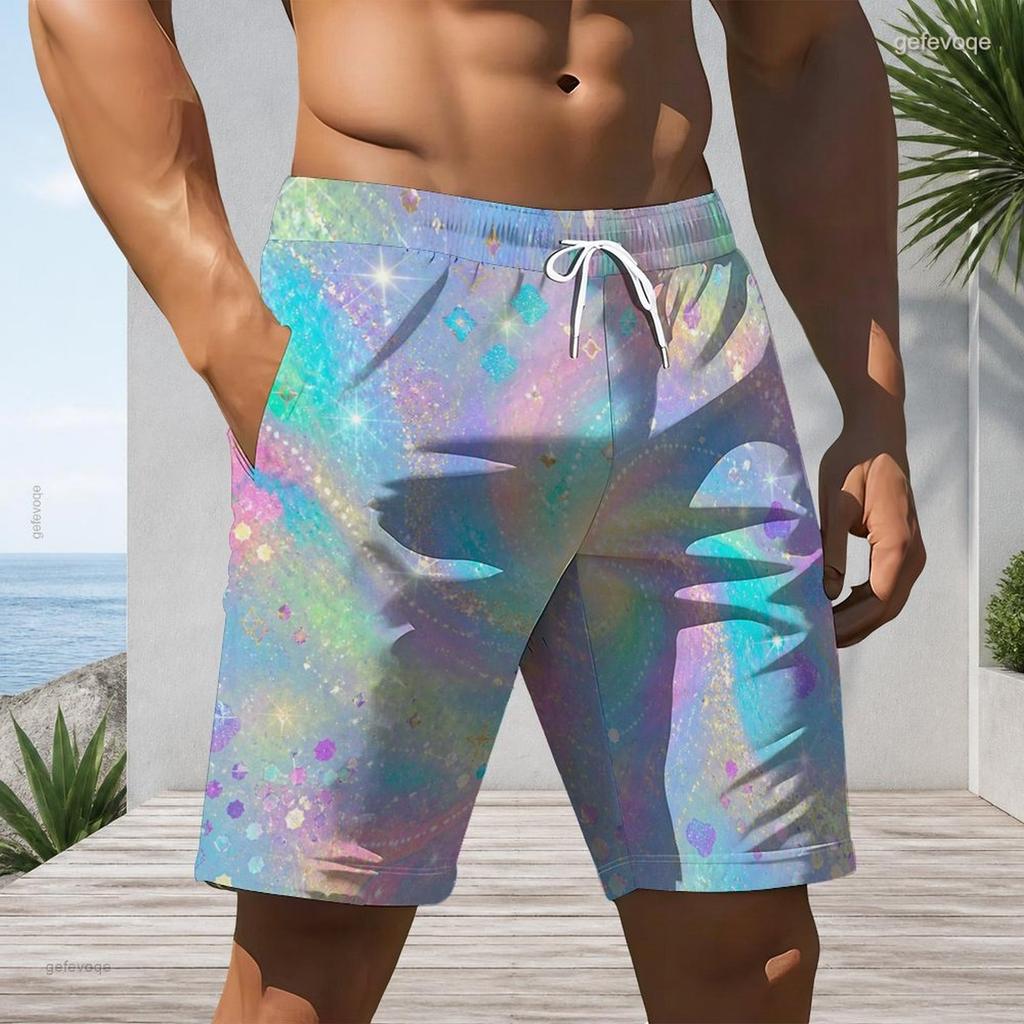Men Plus Size Colorful Glitter Printed Beach Shorts Drawstring Waist Straight Leg With Side Pockets