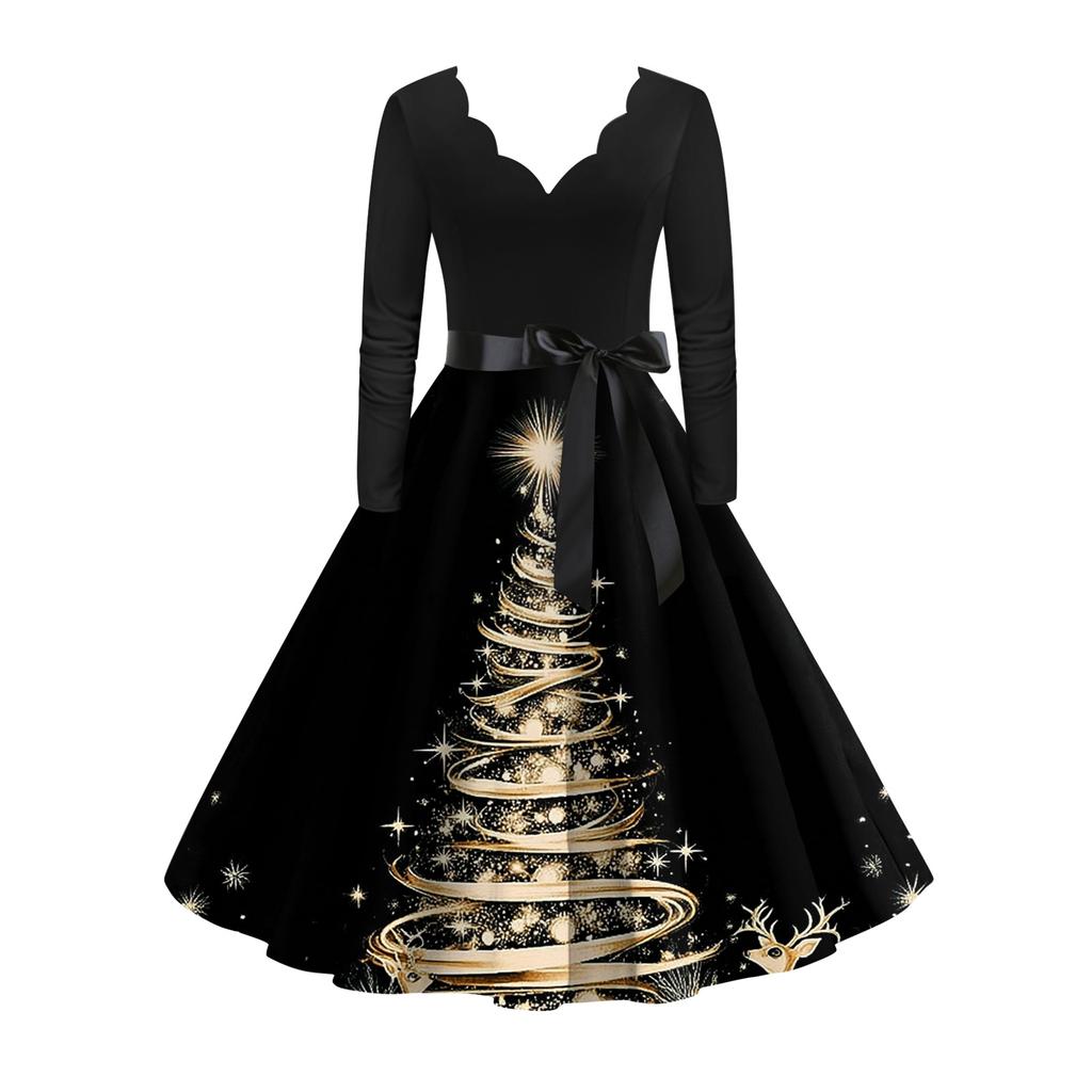 Women's Fashion Elegant Autmn and Winter Long Sleeve V-Neck Christmas Print Dress