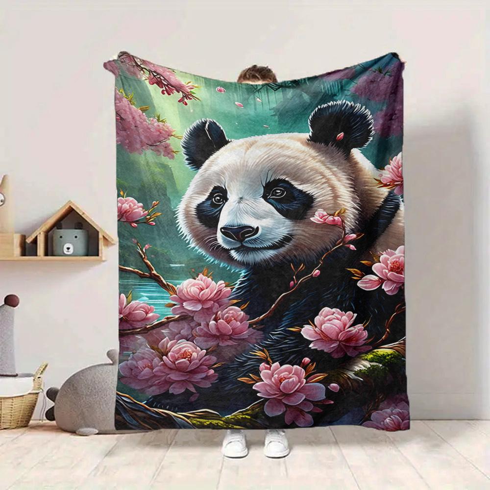 1pc Panda, Cherry Blossom Blanket Lightweight Blanket Throw Blanket For Sofa, Bed, Travel, Camping, Livingroom, Office, Couch, Chair yy251010099