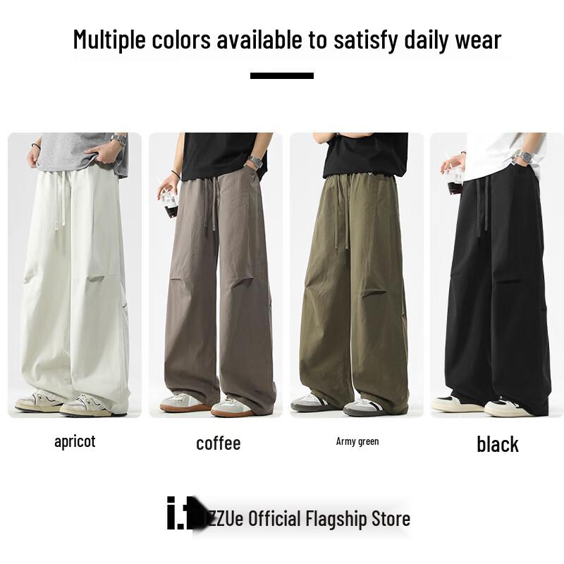 izzue Men's American Retro Pleated Wide-Leg Cotton Cargo Pants