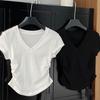 American V-neck Solid Color Front Shoulder Short-sleeved Women's Top Summer Design Sense Niche Waist Pleated Slim Spice Girl T-shirt Base
