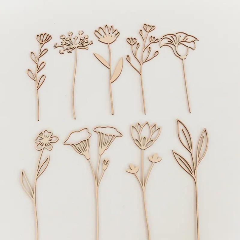

9 шт./набор цветочных художественных украшений, подарочные деревянные стебли полевых цветов, ручная лазерная резка, цветок, натуральный цвет дерева, украшение для дома