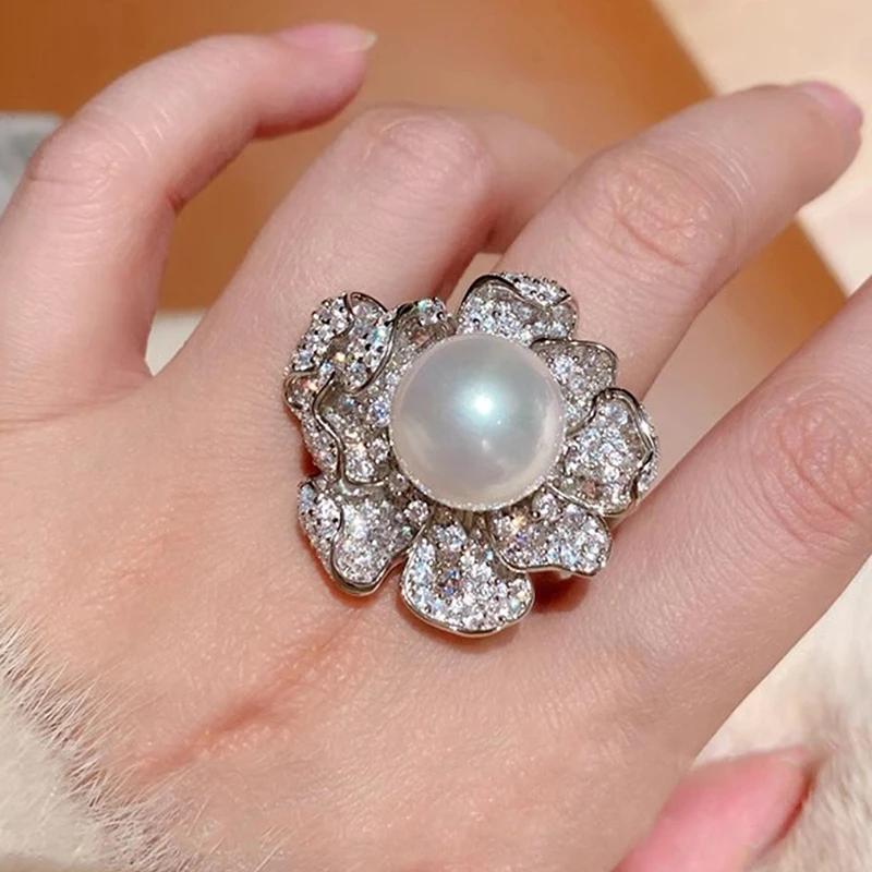 Huitan Swanking Charming Imitation Pearl Flower Rings for Women Elegant Temperament Finger Accessories Versatile Wedding Zircon