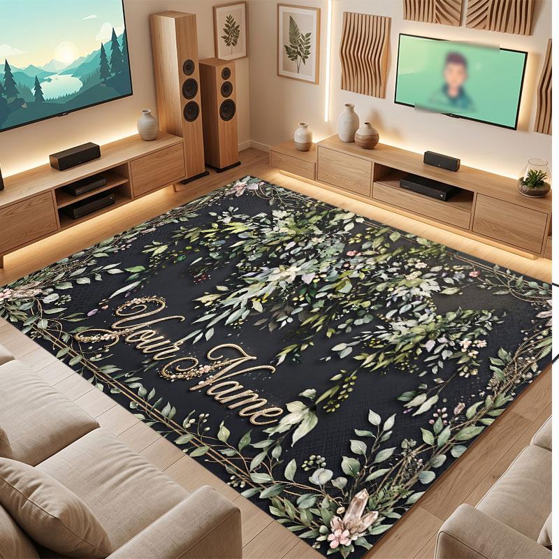 Floral Garden Theme Crystal Velvet Floor Rug Personalized Custom Name Text Warm Carpet Home Decoration