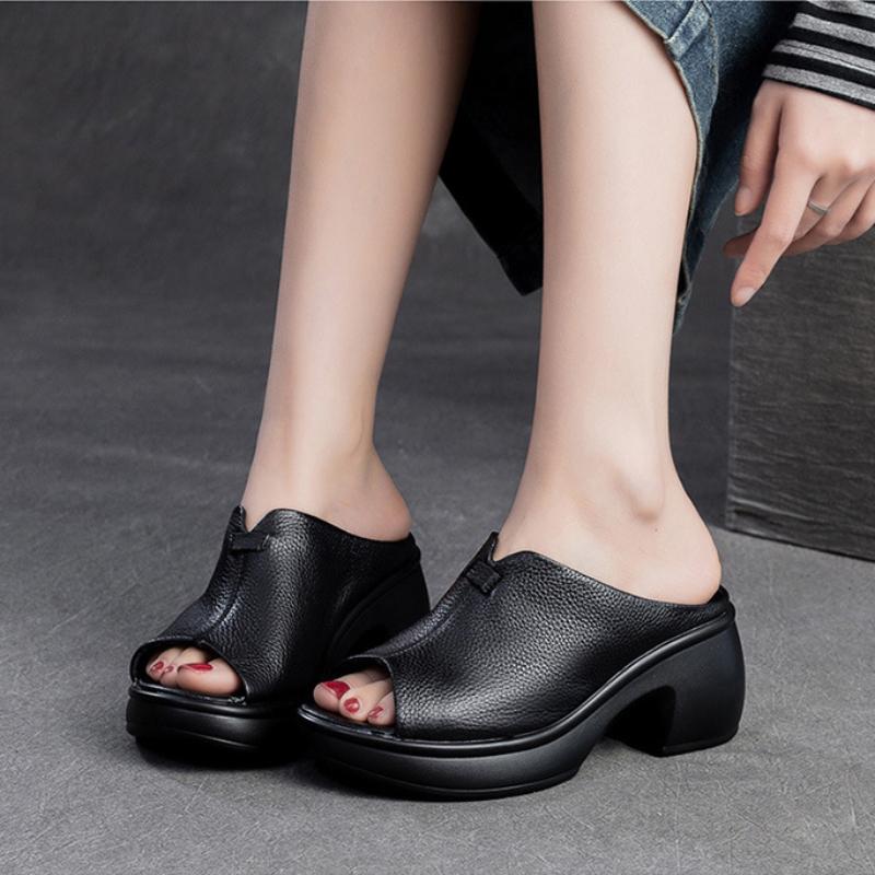 Johnature Pantoufles à bout ouvert et semelle épaisse en cuir véritable, sandales rétro, chaussures confortables et décontractées pour femmes