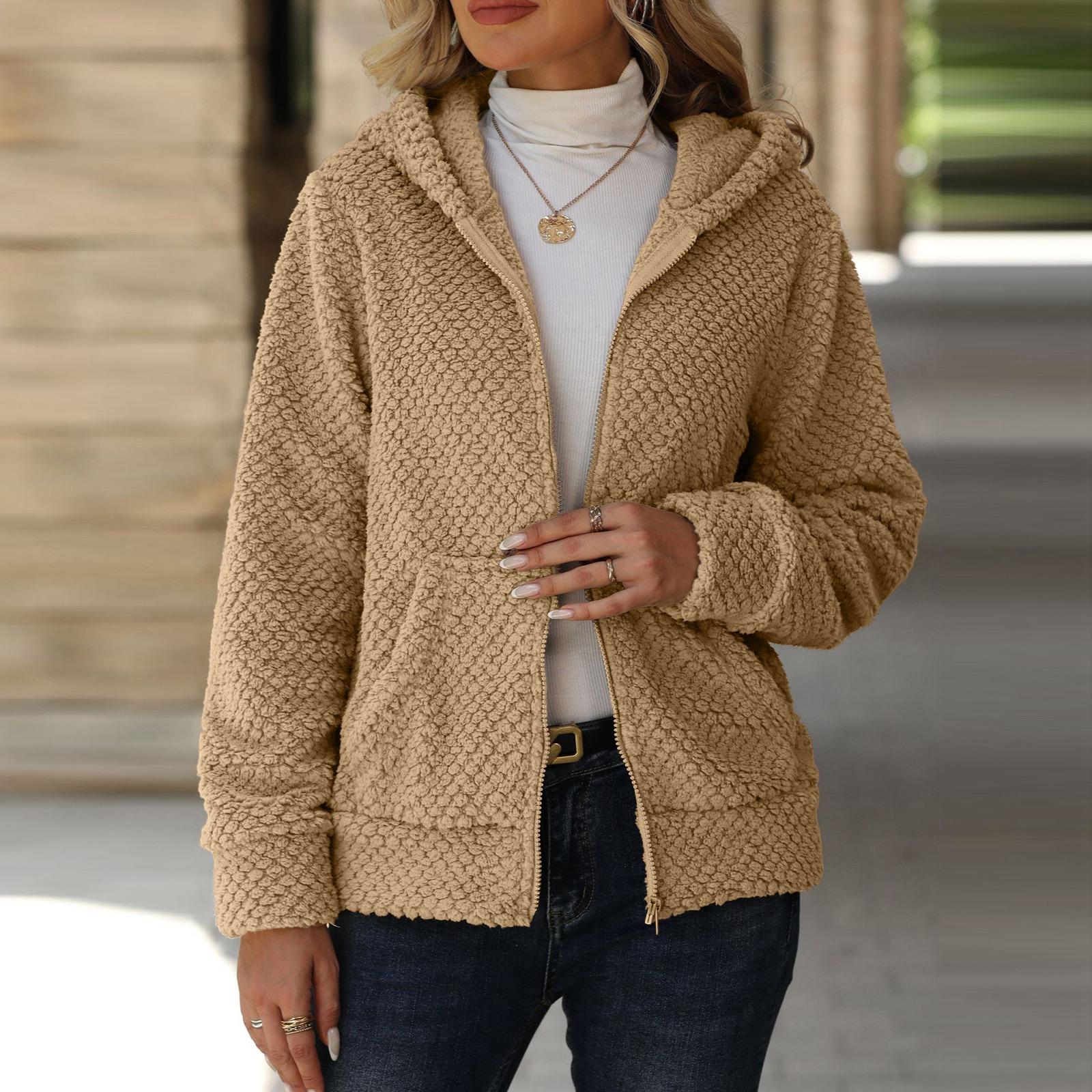 

Women s Loose Pocket Hooded Zipper Cardigan Women s Plush Coat L