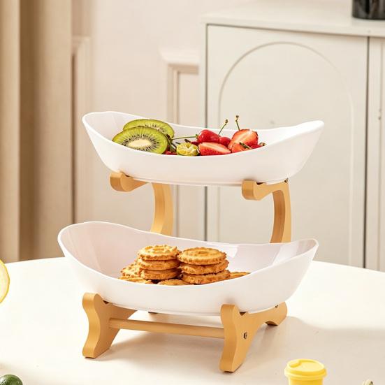 Multi Layer Fruit Basket with Bamboo Stand, Plastic Tiered Snack Tower for Candy Nuts, Space Saving Kitchen Counter Organizer for Living Room