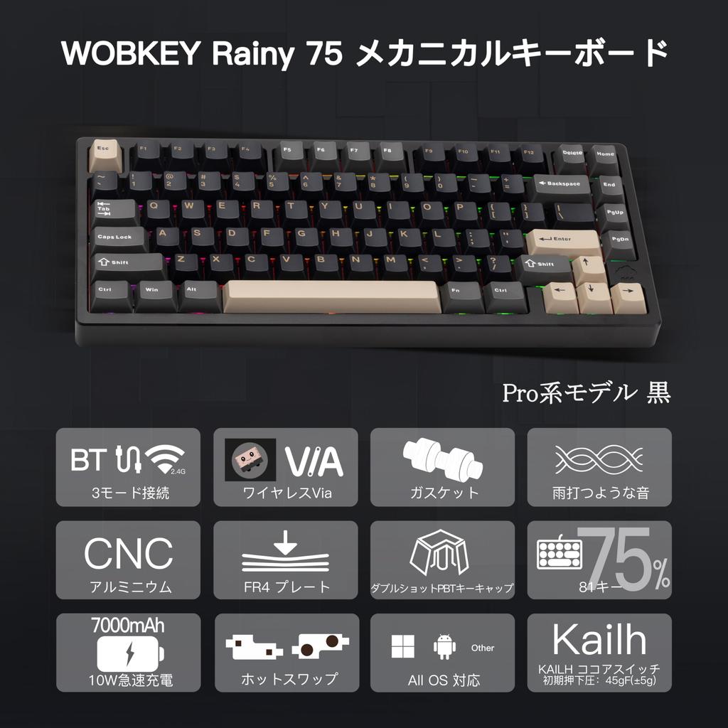 WOBKEY Rainy 75 Tasten Mechanische Tastatur mit OS Hot Swap und VIA Anpassbarer Gasket Aluminium RGB Hintergrundbeleuchtung Tastatur Regenähnlicher Klang, 3-Wege