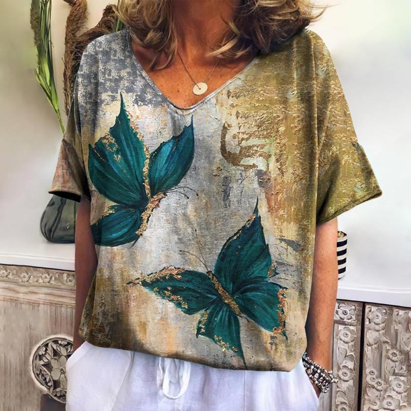 Women s T-shirt Summer V-neck Butterfly T-shirt Printed New Charming Top Large S