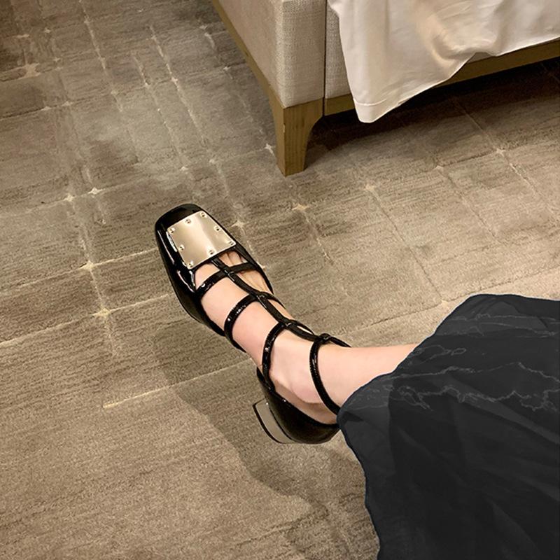 Grape Mother Studiolee Metal Buckle Patent Leather Square Head Hollow Strap Thick Heel Mary Jane Shoes Women's Summer New