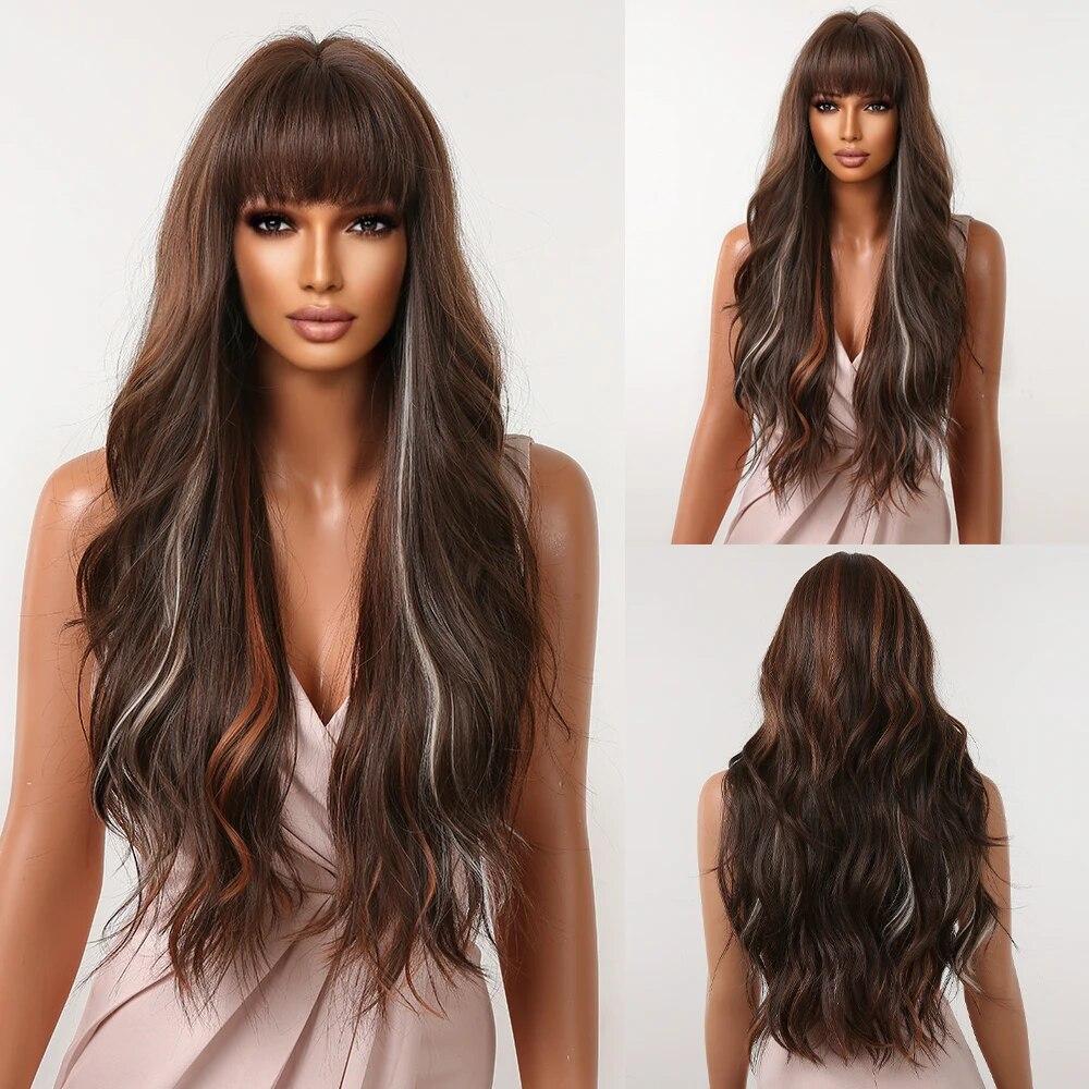 Long Water Wave Synthetic Wigs with Bangs Natural Ginger Brown Loose Curly Wavy Wig for Black White Women Heat Resistant Daily