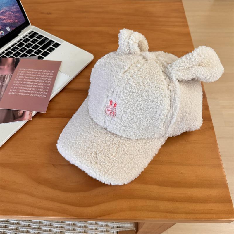 Cute Rabbit Ears Baseball Cap Women's Autumn and Winter Warm Lamb Wool Cap Showing Face Small Cartoon Plush Hat