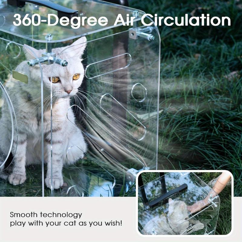 Portable Pet Cat Carrier Suitcase with Wheels, Transparent Hard PC Material, Zip Closure, Telescopic Handle, Breathable Mat,
