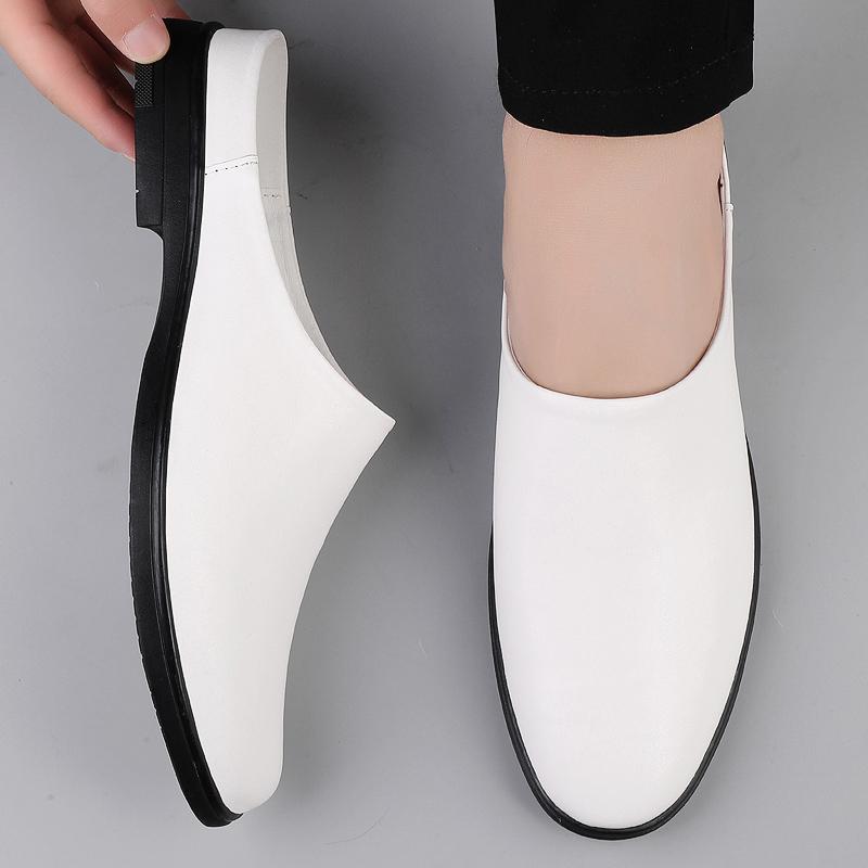 Białe Skórzane Półbuty Męskie Czarne Mokasyny Bez Pięty Klapki Pół-Eleganckie Buty Codzienne Sandały z Zamkniętym Czubkiem Wsuwane Płaskie