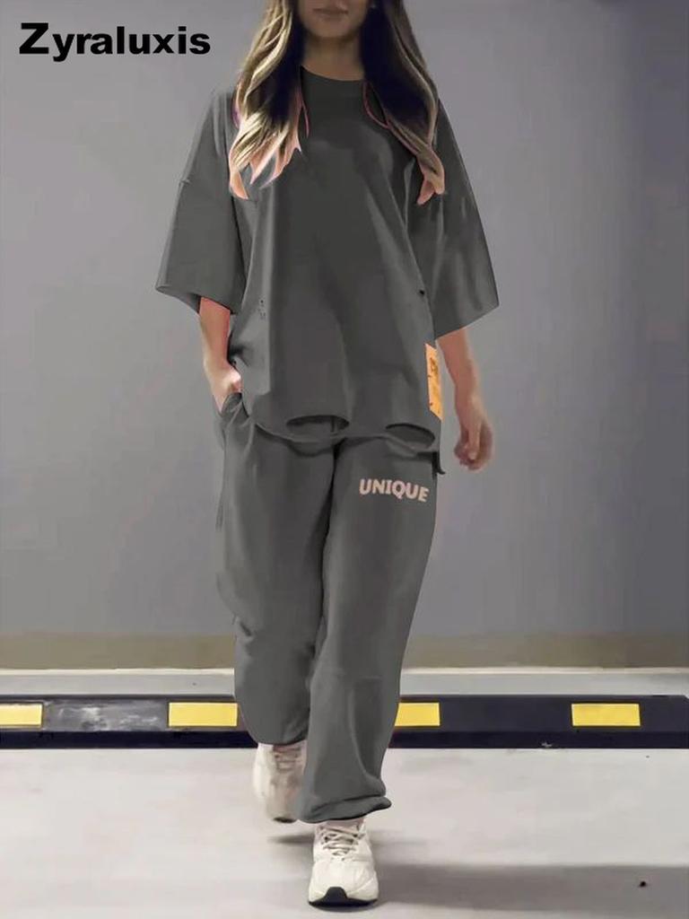 Summer Women's Loose Hollow Crew Neck T-Shirt Top Pants Set Two Piece Outfit
