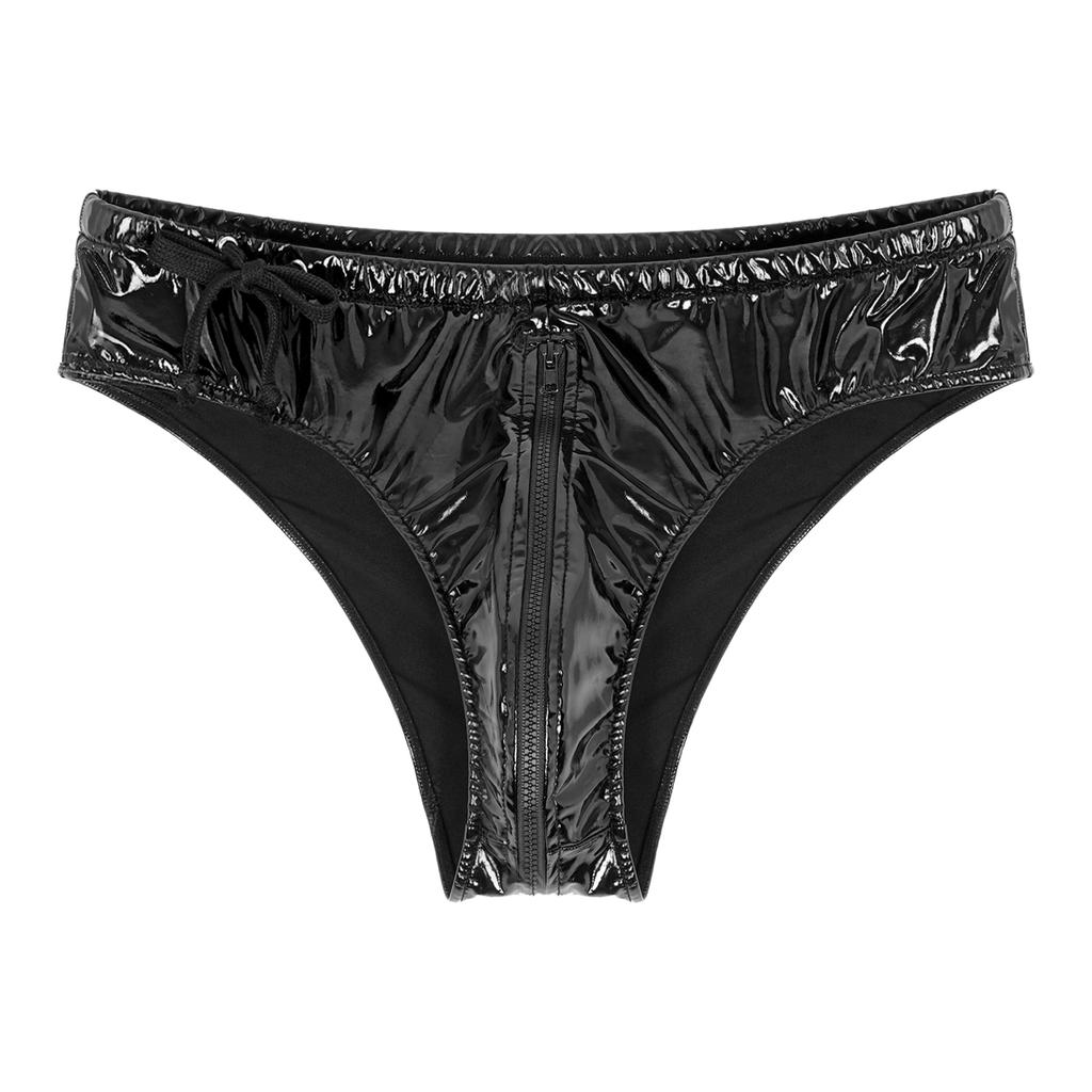 Mens Low Waist Zipper Briefs Wet Look Patent Leather Underwear Club Stage Show Costume