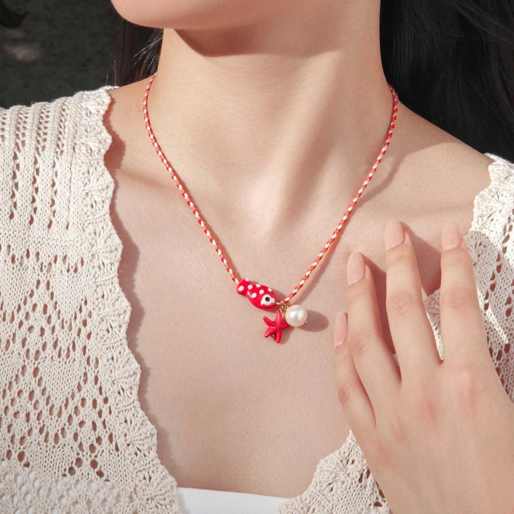Colorful Boho Ceramic Fish Pendant Necklace for Women, Adjustable Woven Rope Choker Beaded Necklace, Summer Beach Party Jewelry
