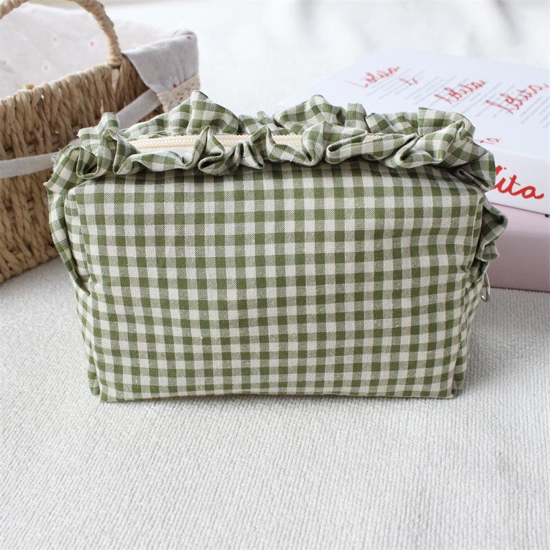Cute High-Value Makeup Bag Case Fresh Grid Lace Pencil Case Portable Large Capacity Toiletry Cosmetic Bag Student Storage Pouch