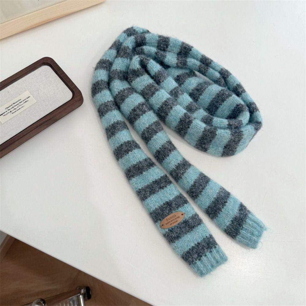 Black Grey Stripe Women Long Scarves Cotton Slim Decorative Neckerchief Knitted Warm Neck Thin Scarf Fashion Streetwear