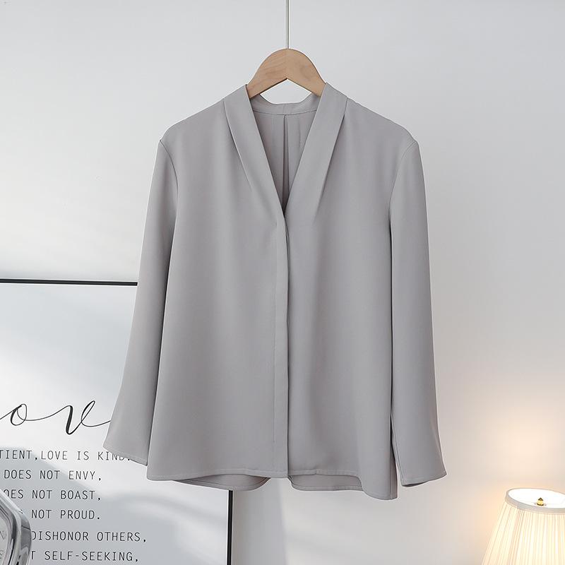Spring and Autumn New Light Neck French Long Sleeve Shirt Female Professional Diligent Interview Grey White Top Female