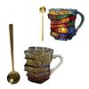 Painted Book Mug with Spoon Creative 3D Stack Book Coffee Cup Retro Novel Style Cup Collection Gifts for Literature Lovers