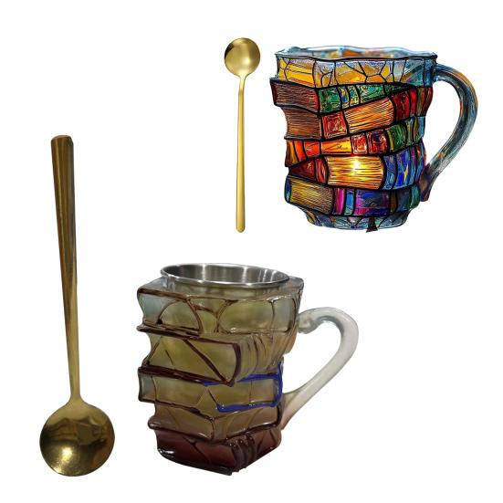 Malovaný hrnek na knihu se lžičkou Kreativní 3D Stohovaná kniha Hrnek na kávu Retro Nový styl Hrnek Kolekce Dárky pro milovníky literatury