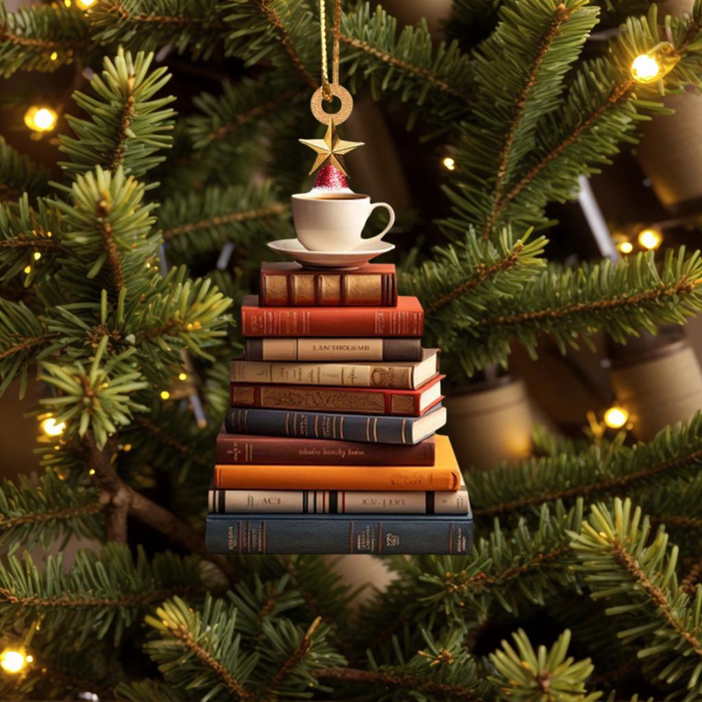 Acrylic Cartoon Book Shelf Christmas Tree Car Rearview Mirror Hangings Pendant Decorative Book Lovers Ornament