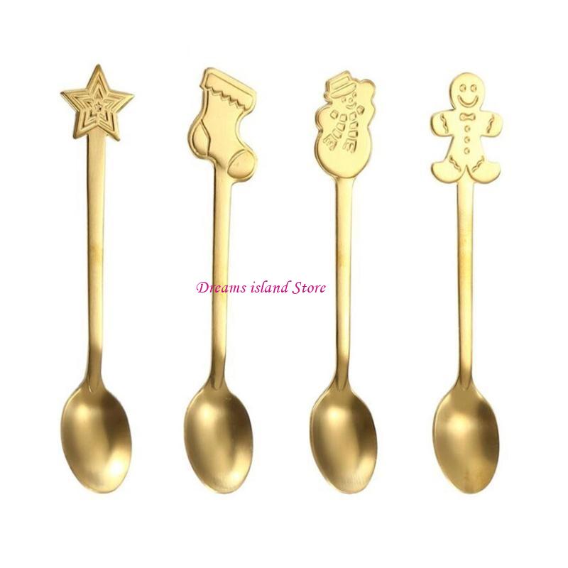 4Pieces Ice Cream Spoons Stirring SpoonS Christmas Themed Stainless Steel Material Coffee Spoons Dessert Spoons 4 Colors HX6C